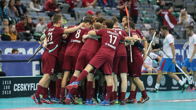 Lotyši slaví gól v zápase MS 2018 Česko - Lotyšsko