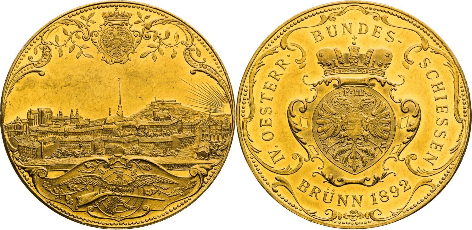 Střelecká zlatá medaile ve váze 4 dukátu z roku 1892