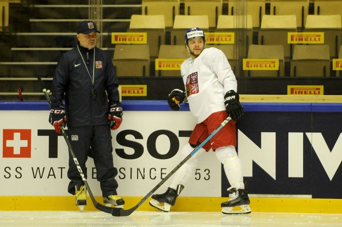 hokej, MS 2018, David Pastrňák při rozbruslení v Herningu před čtvrtfinále