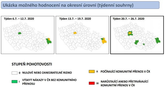 Stupně pohotovosti pro hodnocení situace v jednotlivých okresech - přeneseno do mapy.