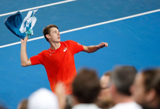 Tennis - Australian Open - Second Round - Melbourne Park, Melbourne, Australia, January 16, 2019. Australia's Alex De Minaur celebrates after winning the match against Sw