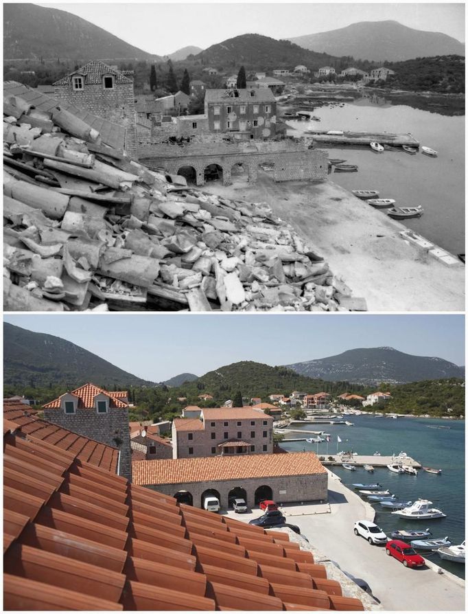 A combination picture shows Old Town and the Port of Mali Ston in 1991 (top) and the same area in 2012 in Dubrovnik. The city of Dubrovnik was severely damaged due to shelling by Serb-dominated Yugoslav troops during Croatia's 1991-95 war of independence. REUTERS/Antonio Bronic (CROATIA - Tags: CIVIL UNREST CONFLICT TRAVEL) Published: Čec. 31, 2012, 3:54 odp.