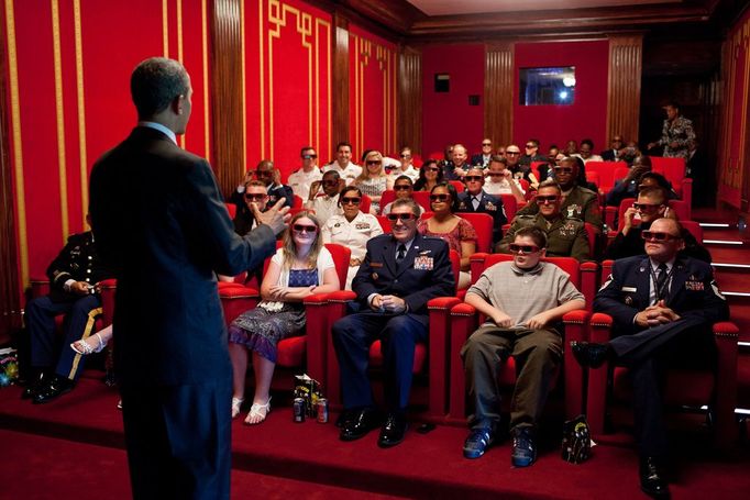 May 25, 2012 "The President was welcoming service members and their families to a screening of 'Men in Black 3' in the White House Family Theater. The movie was being presented in 3D, so the President jokingly asked them to try on their 3D glasses while he was speaking to them."