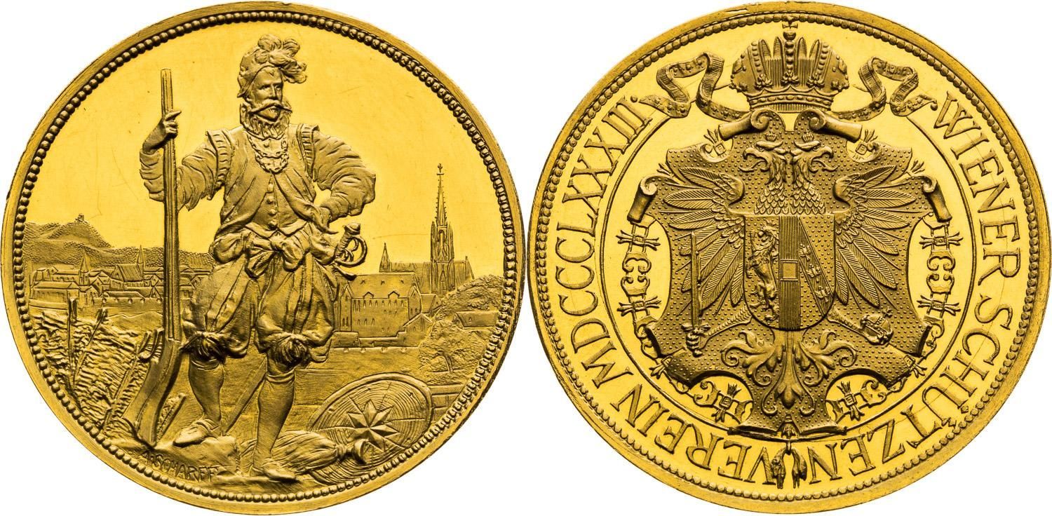 Střelecká zlatá medaile ve váze 5 dukátu z roku 1883