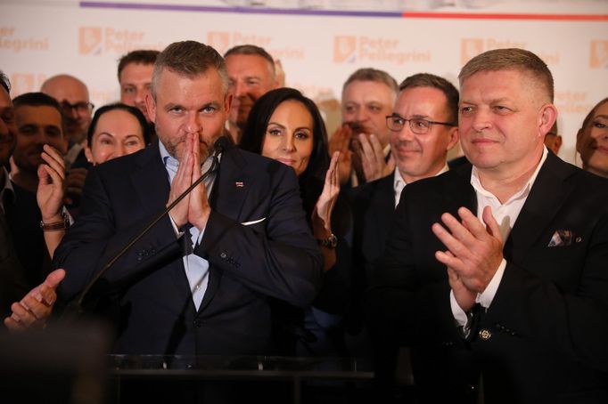 Peter Pellegrini na tiskové konferenci po výhře v prezidentských volbách na Slovensku.