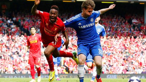 Chelsea's Kalas challenges Liverpool's Sterling during their English Premier League soccer match at Anfield in Liverpool