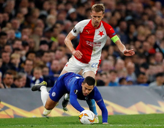 fotbal, odveta čtvrtfinále Evropské ligy, Chelsea - Slavia, Tomáš Souček a Eden Hazard