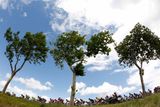 Cyklisté během 14. etapy Tour de France. Modrá obloha je pro 99. ročník Tour příznačná.