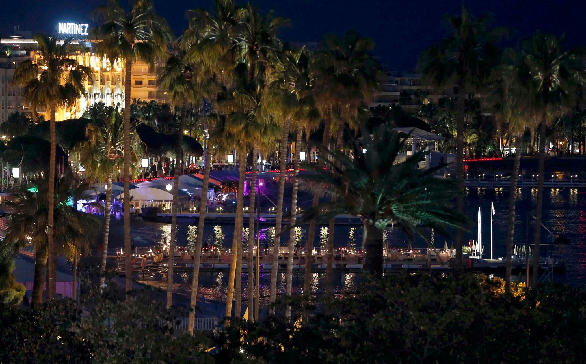 A general view shows the Grand Hyatt Cannes Hotel Martinez and palm trees on the Croisette at night during the 67th Cannes Film Festival in Cannes