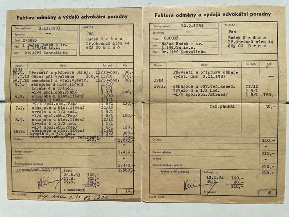 Výdaje za přiděleného právníka, které musel platit odsouzený Radek Nečas. Toho soudy rehabilitovaly v roce 1994, odškodnění se zatím nedočkal.