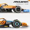 Porovnání monopostů F1 McLaren z roku 2021 (nahoře) a 2022