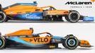 Porovnání monopostů F1 McLaren z roku 2021 (nahoře) a 2022