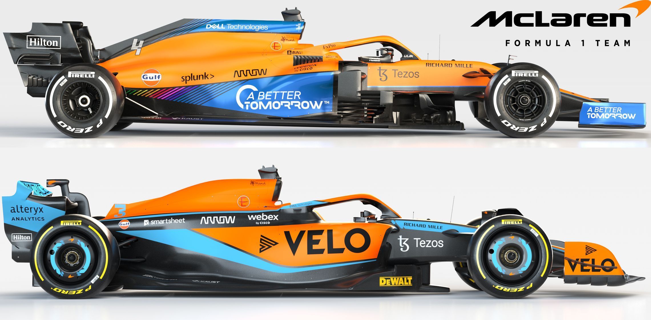 Porovnání monopostů F1 McLaren z roku 2021 (nahoře) a 2022
