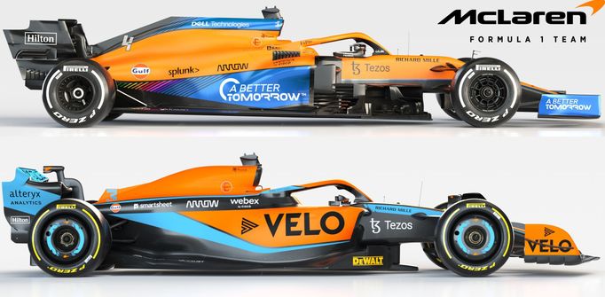 Porovnání monopostů F1 McLaren z roku 2021 (nahoře) a 2022