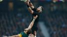 Kieran Read of New Zealand jumps for the ball during their Rugby World Cup Semi-Final match against South Africa at Twickenham in London, Britain, October 24, 2015. REUTE