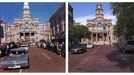 A combination picture shows (L) the motorcade of U.S. President John F. Kennedy as it moves through downtown Fort Worth, Texas in this White House handout photograph taken on November 22, 1963 and (R) The Tarrant County Courthouse seen from Main Street in downtown Fort Worth, Texas on November 8, 2013.