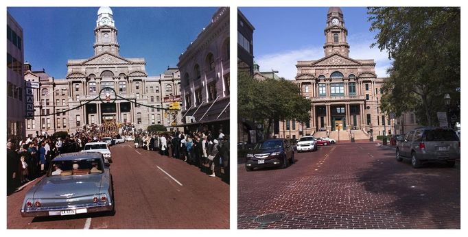 A combination picture shows (L) the motorcade of U.S. President John F. Kennedy as it moves through downtown Fort Worth, Texas in this White House handout photograph taken on November 22, 1963 and (R) The Tarrant County Courthouse seen from Main Street in downtown Fort Worth, Texas on November 8, 2013.