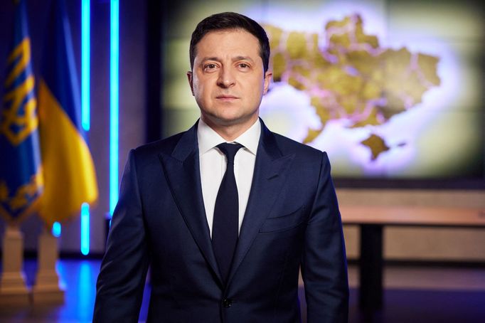 Ukrajinský prezident Volodymyr Zelenskyj při projevu k národu 22. února 2022.