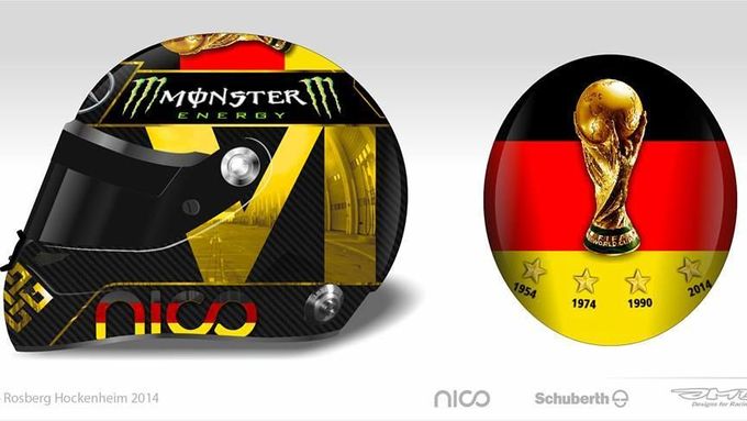 Nadšení Nico Rosberga z triumfu Němců na fotbalovém MS mírní FIFA. Pojede lídr F1 s touto helmou?