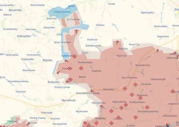 Ruské síly (rudá) zahájily 11. srpna zahájily ofenzívu, která hrozila pádem Dobropilje a obklíčením Pokrovsku. Průlom se však podařilo Ukrajincům (modrá) zastavit.