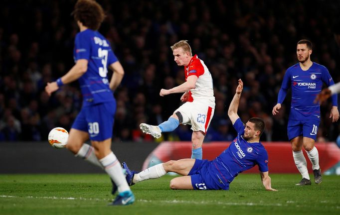 fotbal, odveta čtvrtfinále Evropské ligy, Chelsea - Slavia, Petr Ševčík střílí gól