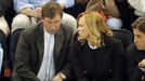 Former New York Rangers Hall of Fame player Wayne Gretzky sits with wife actress Janet Jones (R) as the Rangers played the Boston Bruins in the third period of Game 3 of