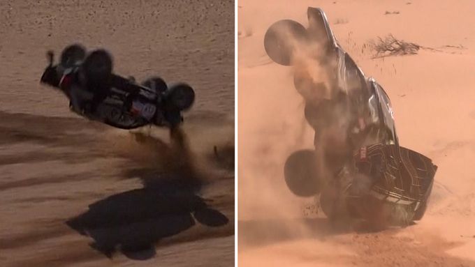 Automobiloví závodníci Benediktas Vanagas a Guerlain Chicherit měli během čtvrté etapy Rallye Dakar spektakulární nehody.