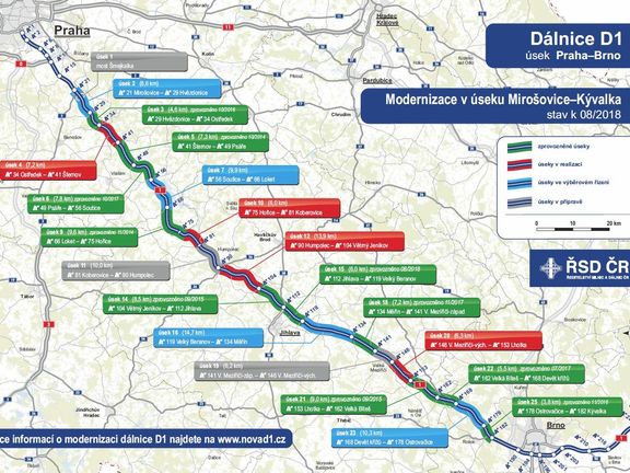 Modernizace dálnice D1 - stav k srpnu 2018.