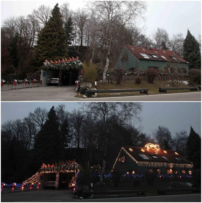 A combination photo shows a house decorated with Christmas lights and figurines in daylight (top) and lit up after nightfall in Freising, about 30 km (18.6 miles) north of Munich December 1, 2012. Each year, several home owners set up fairy lights for the year-end holidays. For this particular home, Ulla and Hilmar Haubrich used more than 20,000 lights and 300 empty gift boxes. Picture taken December 1, 2012. REUTERS/Michaela Rehle (GERMANY - Tags: SOCIETY ANNIVERSARY) Published: Pro. 2, 2012, 11:50 dop.