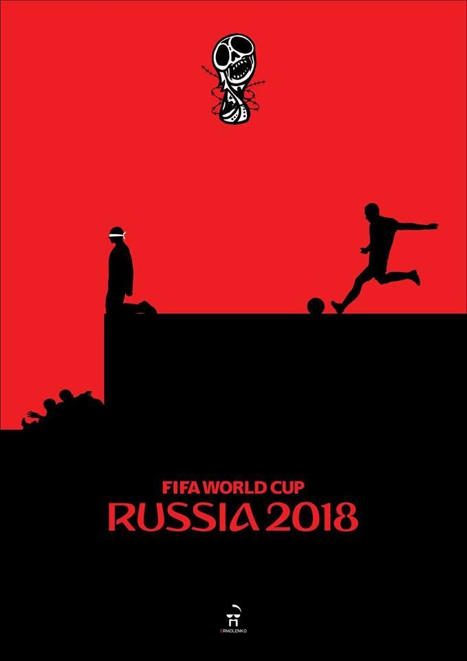 Plakáty odsuzující MS ve fotbale v Rusku
