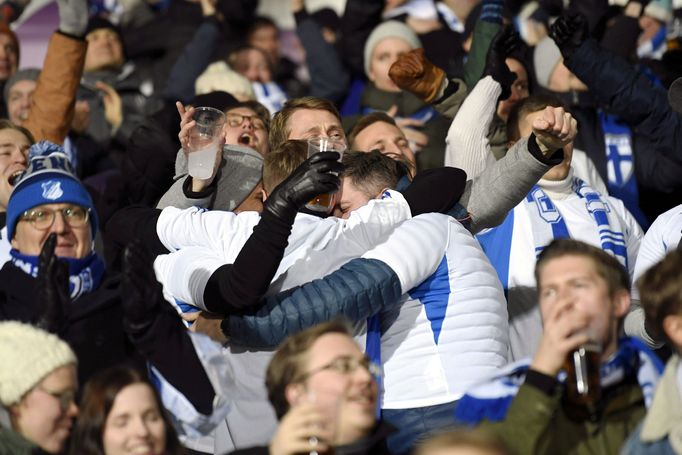 Soccer Football - Euro 2020 - Group J Qualification - Finland v Liechtenstein - Helsinki, Finland November 15, 2019. Team Finland fans celebrate the first goal. Lehtikuva