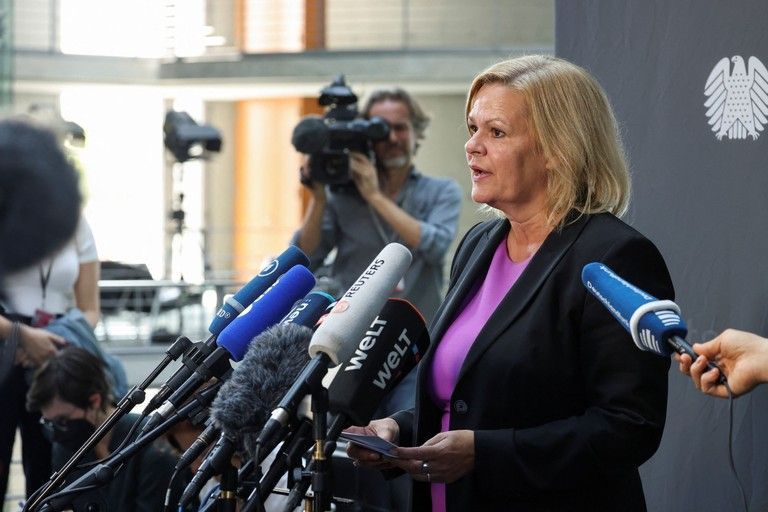 German Interior Minister Nancy Faeser addresses members of the media, in Berlin