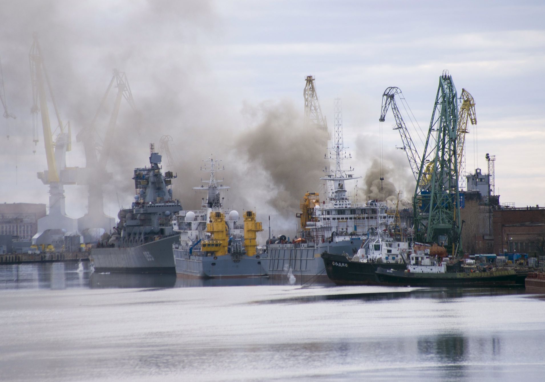 General view shows smoke rising above dock at Zvyozdochka shipyard in north Russian city of Severodvinsk