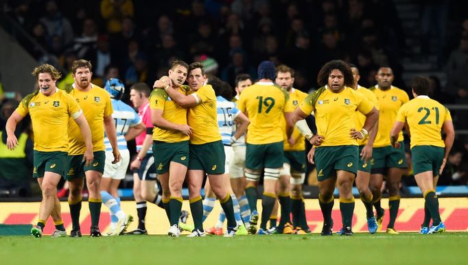 Australia players celebrate Adam Ashley-Cooper scoring a try Reuters / Dylan Martinez Livepic