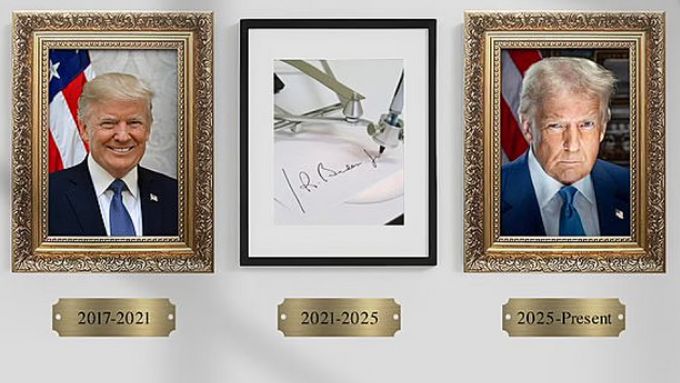 Místo portrétu Joea Bidena nechal Donald Trump v galerii u Bílého domu vystavit fotografii automatického pera píšícího Bidenovo jméno.