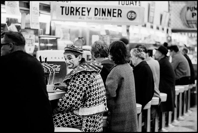 A clown at a lunch counter in Reno, Nevada, 1963.