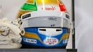 A helmet of Sauber Formula One driver Esteban Gutierrez of Mexico with a sticker in support of Marussia Formula One driver Jules Bianchi is pictured before the third prac