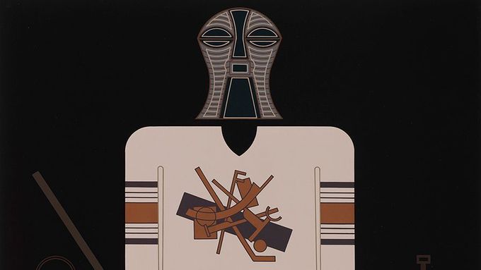 Děsivá postava s hokejkou na malbě Jána Vasilka je Konstruktivistický voodoo brankář.
