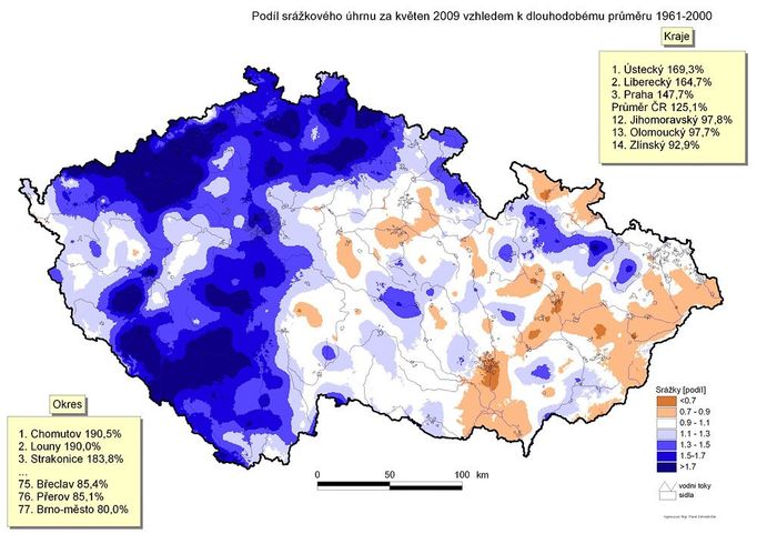 Mapa ukazuje, kde a jak pršelo v květnu 2009