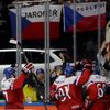 Players of the Czech Republic celebrate the goal of team mate Jagr against Latvia during their Ice Hockey World Championship game at the O2 arena in Prague