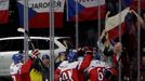 Players of the Czech Republic celebrate the goal of team mate Jaromir Jagr (R) against Latvia during their Ice Hockey World Championship game at the O2 arena in Prague, C