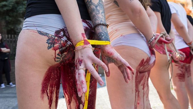 Foto: Polonazí "znásilnění" stáli před ruskou ambasádou potřísnění falešnou krví