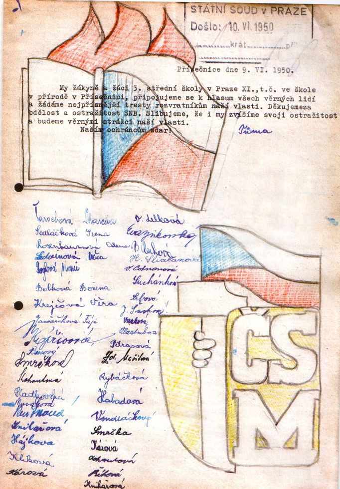 Přání žáků střední školy v Praze XI. zaslané Státnímu soudu 9. června 1950. Děti žádají „nejpřísnější tresty“ pro obžalované v procesu s Horákovou.