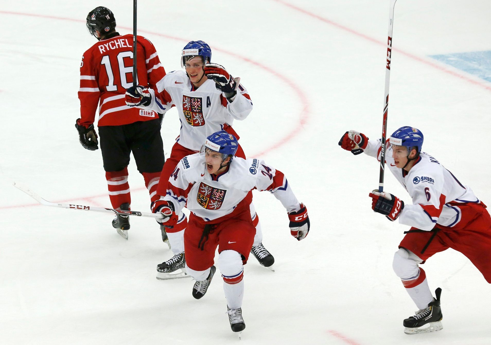 Czech Republic's Vrana, Knot and Faksa celebrate a goal against Canada during the second period of their IIHF World Junior Championship ice hockey game in Malmo