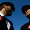 Lufthansa pilots wear badges reading &quot;strike&quot; on uniforms during demonstration at Fraport airport in Frankfurt