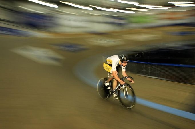 Track cycling sprinter Kevin Mansker of the U.S. trains for the London 2012 Olympics in Carson