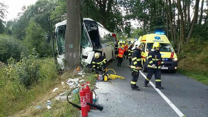 Havarovaný linkový autobus, který u obce Hraničné Petrovice na Olomoucku čelně narazil do stromu.