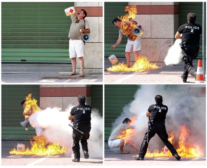 Muž se zapálil v Soluni na protest proti úsporným opatřením.