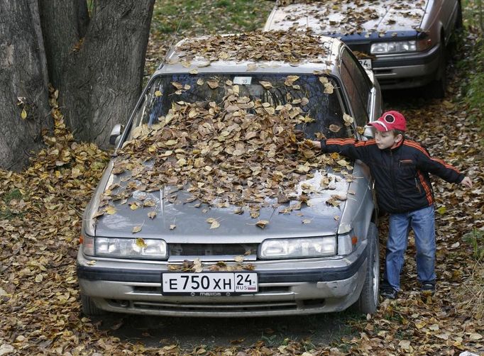 A boy plays with autumn leaves on a parked car in Russia's Siberian city of Krasnoyarsk October 6, 2012. REUTERS/Ilya Naymushin (RUSSIA - Tags: ENVIRONMENT TRANSPORT SOCIETY) Published: Říj. 6, 2012, 10:51 dop.