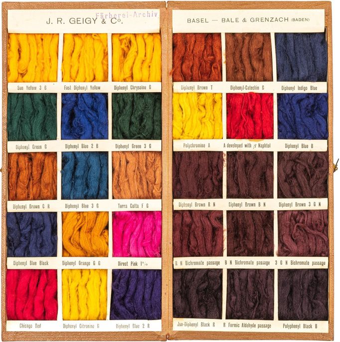 Vzorkovnice švýcarského závodu průmyslníka Johanna Rudolfa Geigyho, barva na bavlně.